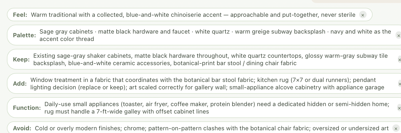 A room's design brief — the feel, palette, pieces to keep, add, function, and colors to avoid, captured from the walkthrough