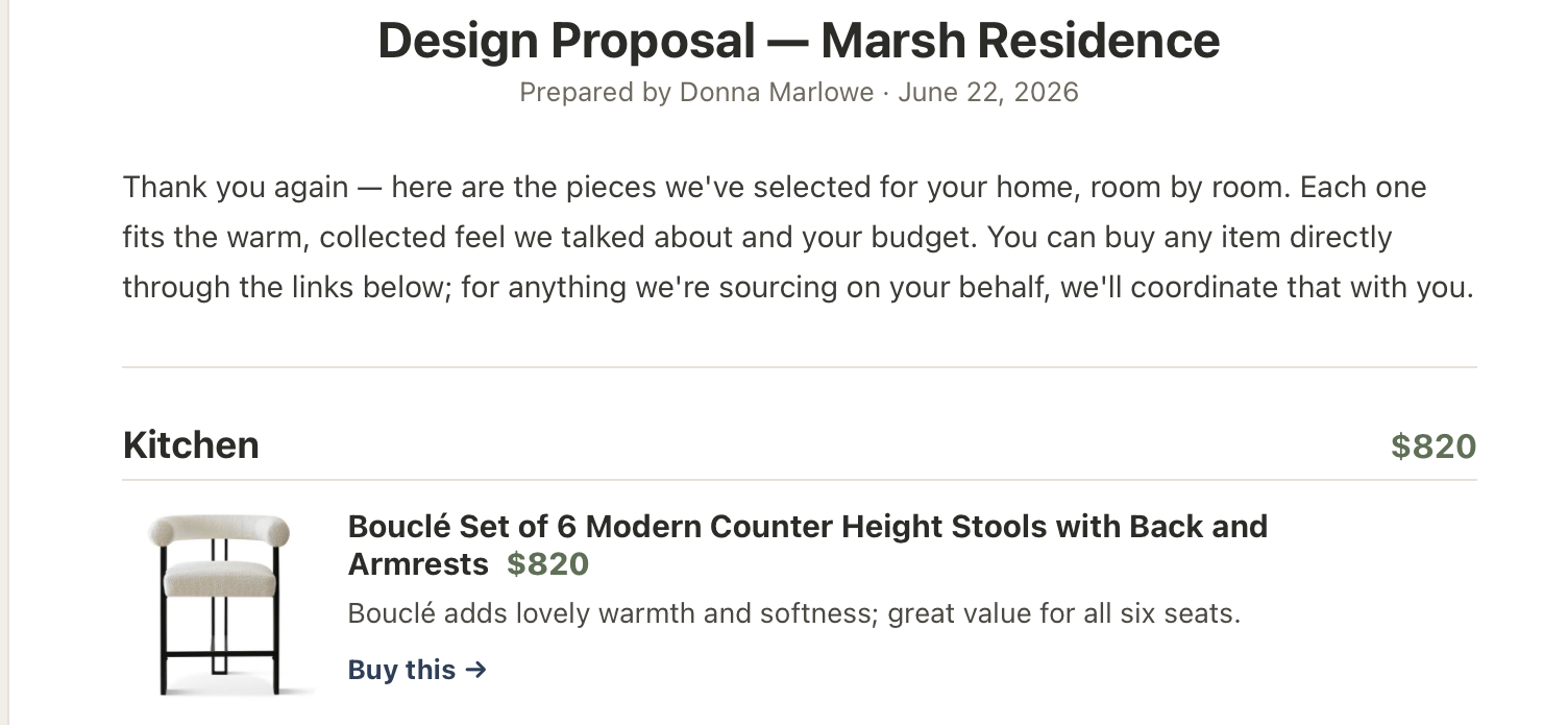 A room-by-room proposal — each piece, why it fits, the price, and a link to buy