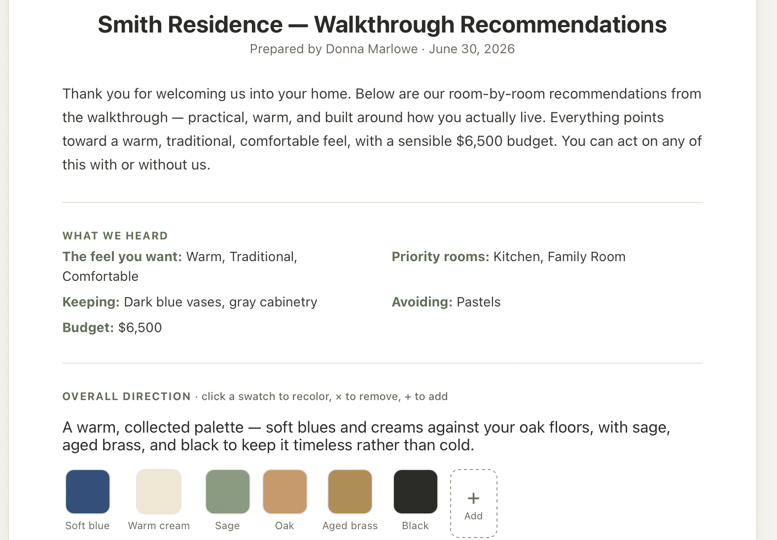 A written walkthrough report — the client's palette and room-by-room recommendations