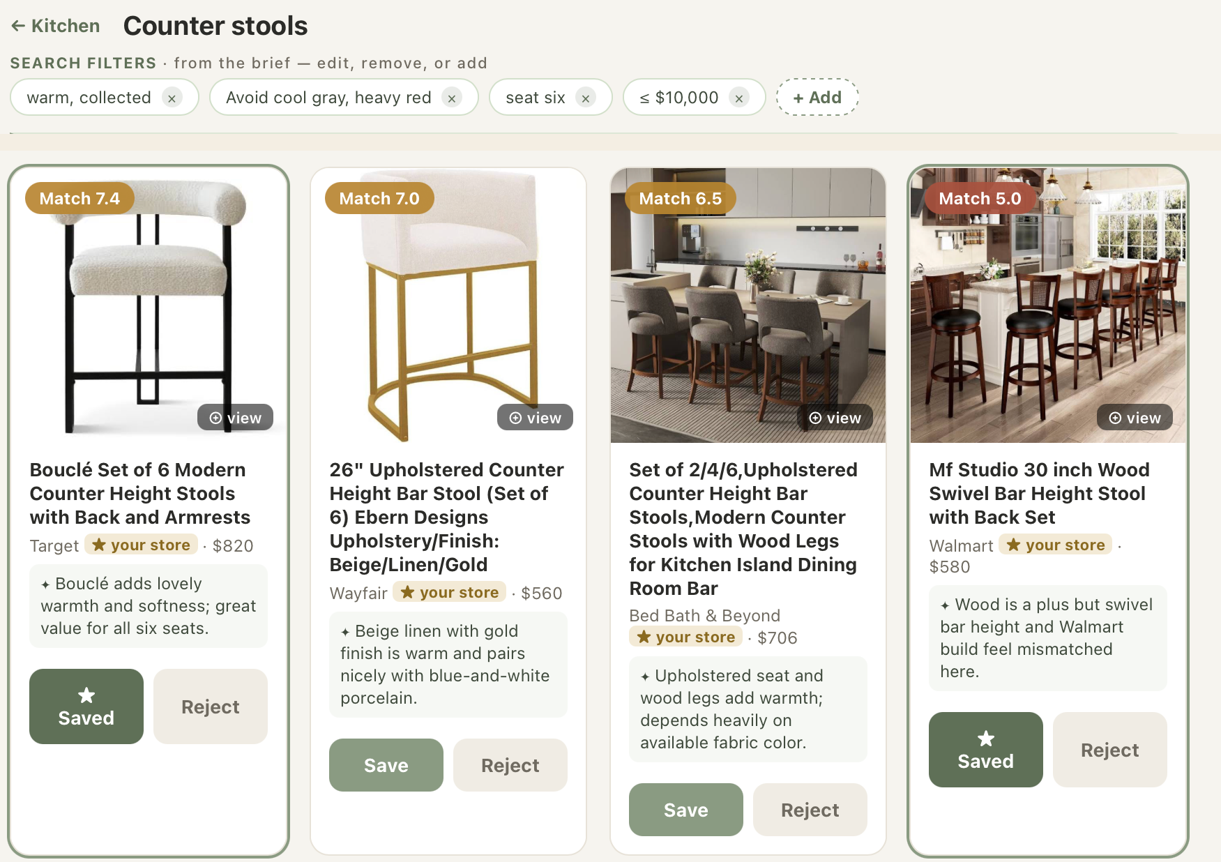 Furniture options gathered against a room's brief — each scored for fit, with a note on why it works